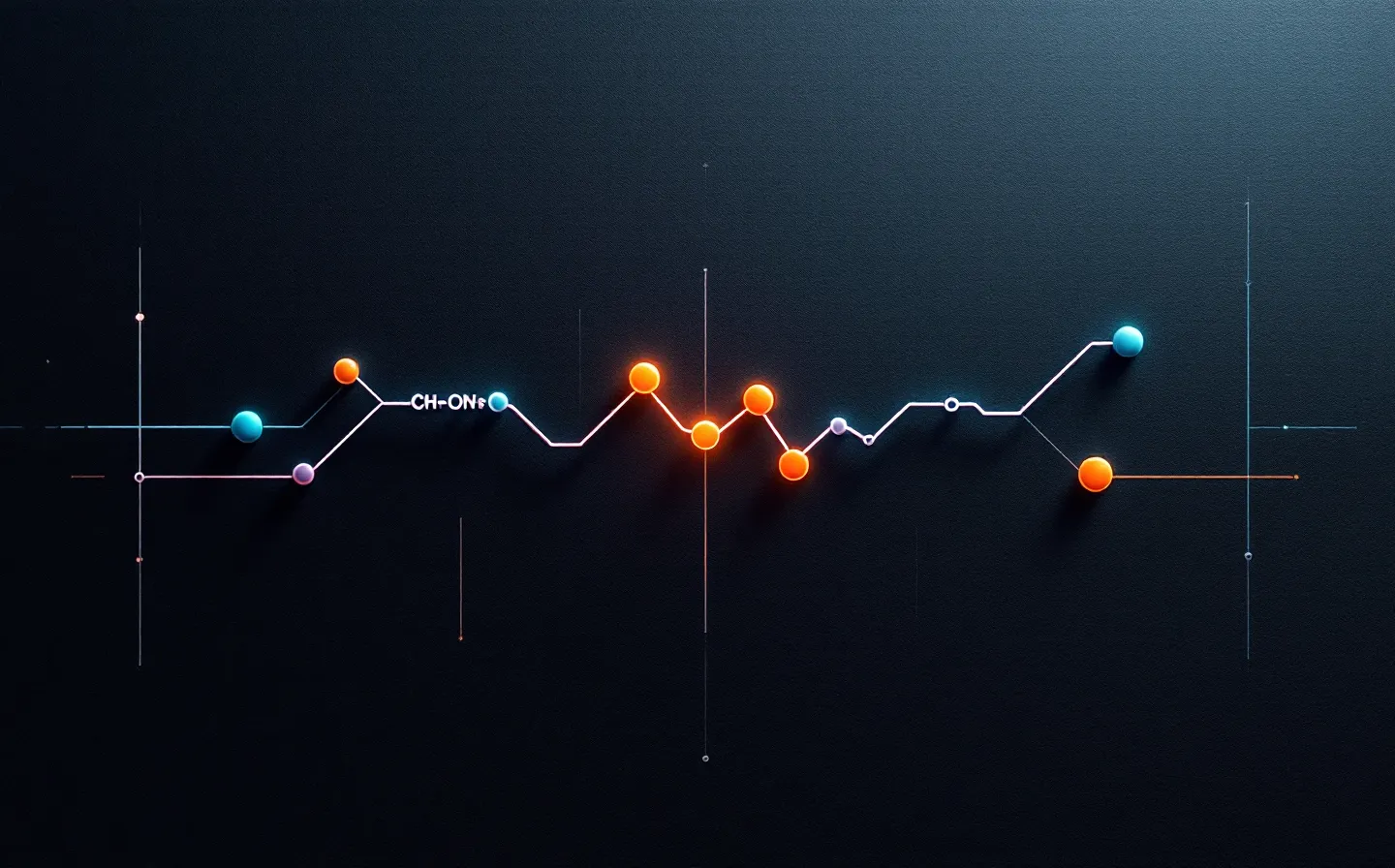 Enterprise-data-console schematic of two peptide constituent record-lines, an azure pentadecapeptide and an orange heptapeptide fragment, converging on a single shared repair node marked with a faint crimson status node, on a deep graphite ground